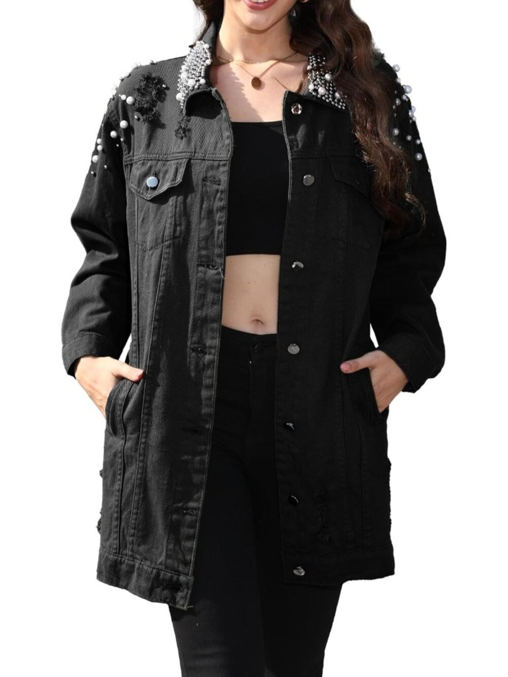 Women’s Black Long Sleeve Denim Jacket Pearl Button Down Imported Boyfriend Coat